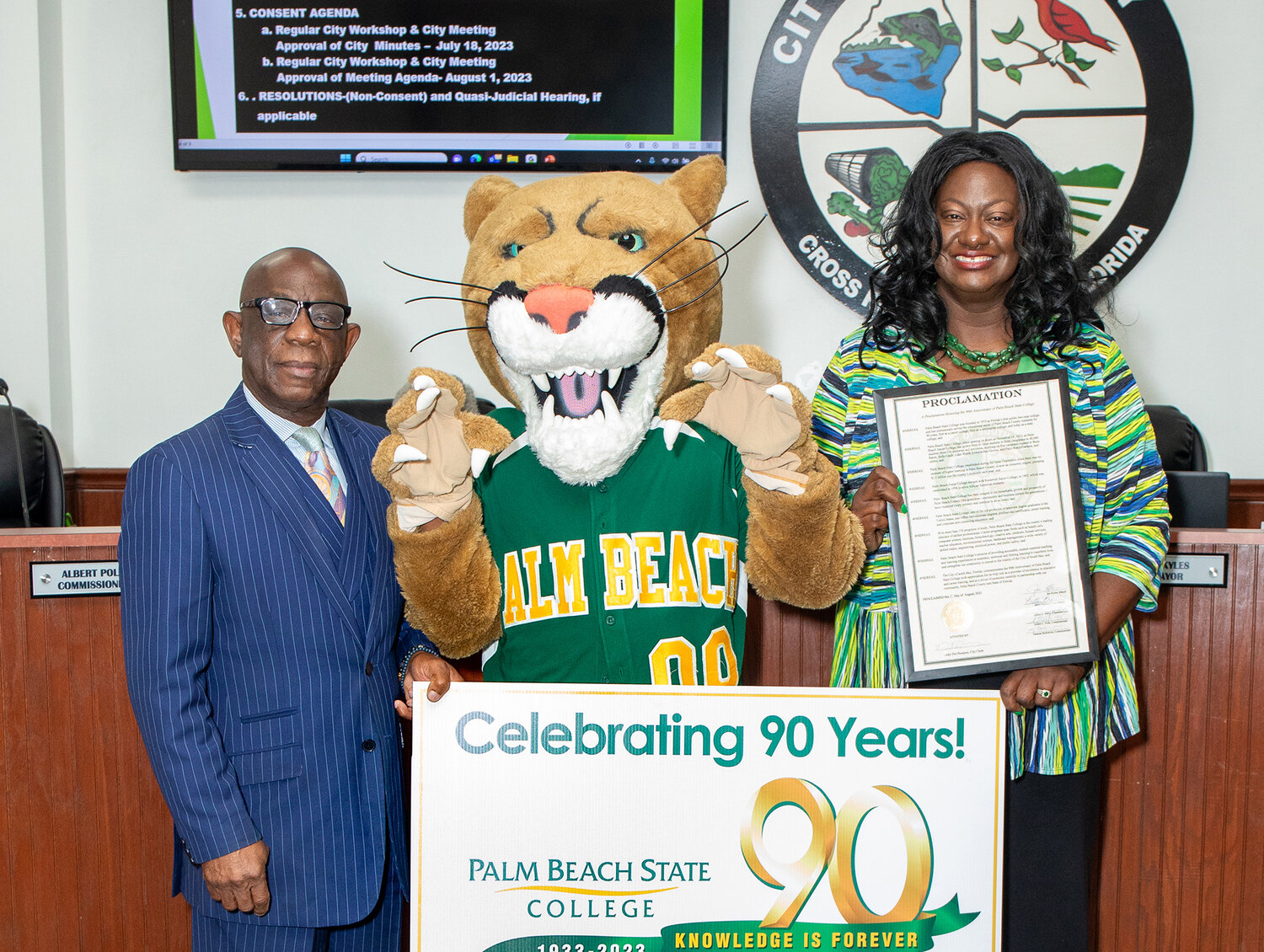From left: Mayor Joe Kyles Sr., Palmer the Panther, and Dr. LaTanya McNeal.
